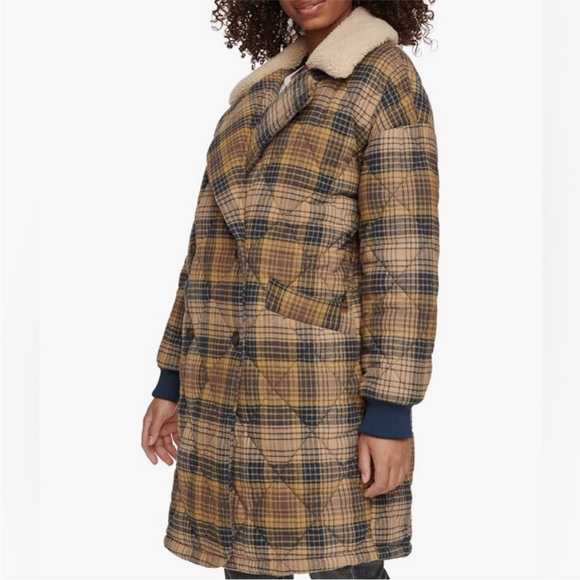 NWT Levi's Quilted Cocoon double breasted lined plaid Coat Sherpa collar medium - Picture 3 of 14